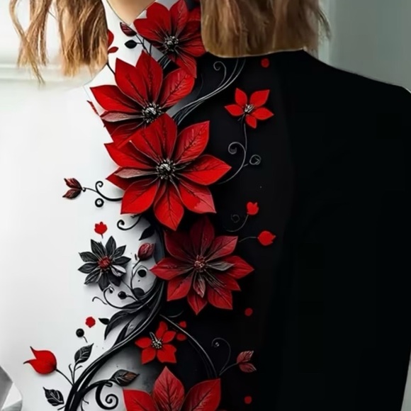 Oriental high neck Black and White Floral Long Sleeve Top - Picture 3 of 5